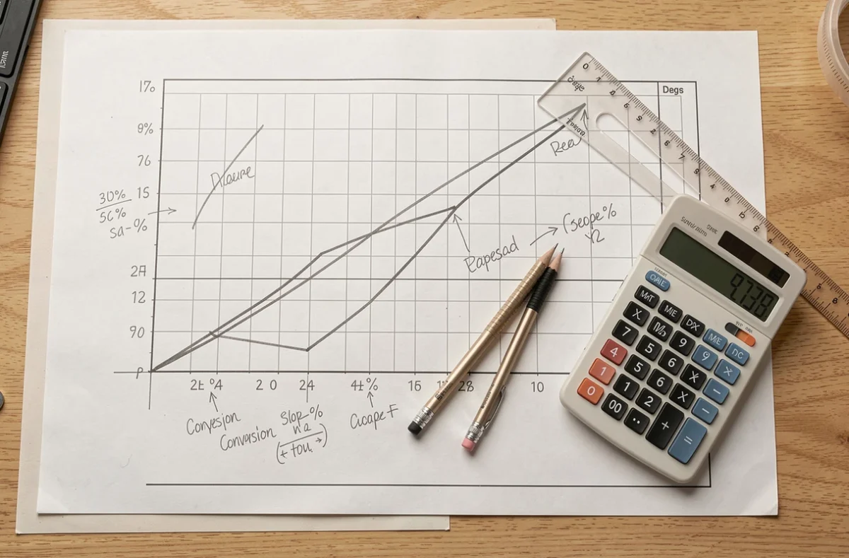Table à dessin d'architecte avec plans techniques montrant des conversions de pente en pourcentage et en degrés
