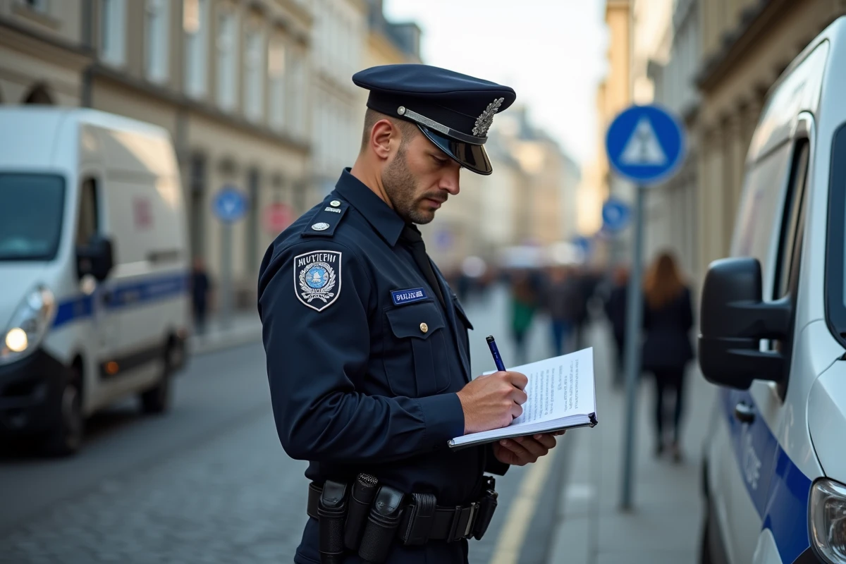 Policier en uniforme prenant des notes à Caen