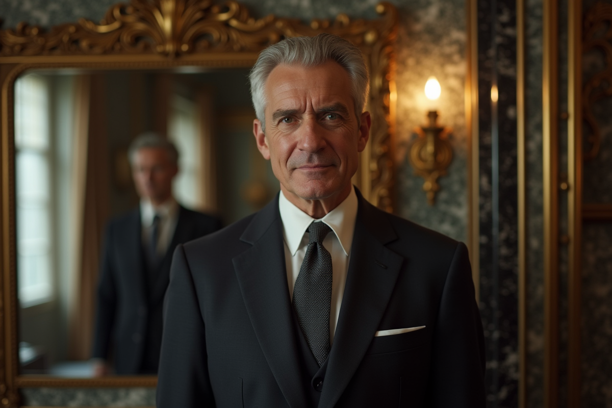 Homme élégant devant miroir art deco luxe fashion