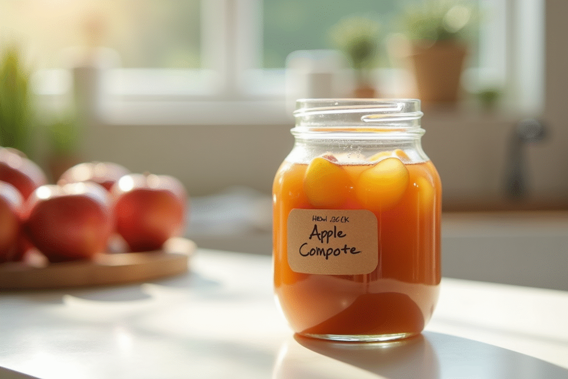 Pot de compote de pomme maison sur plan de travail