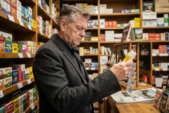 Un homme d'une cinquantaine d'années examine des paquets de cartouches de cigarettes dans un bureau de tabac au Luxembourg, comparant les prix affichés