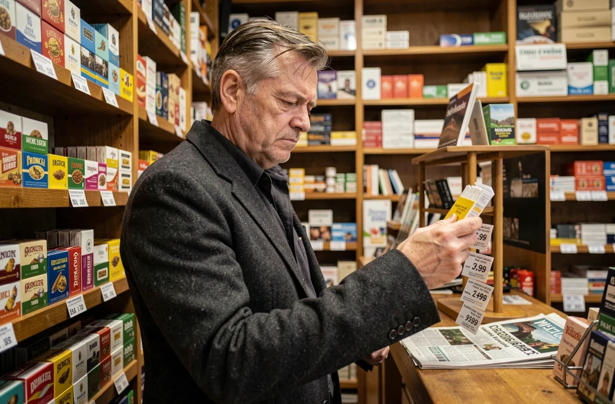 Un homme d'une cinquantaine d'années examine des paquets de cartouches de cigarettes dans un bureau de tabac au Luxembourg, comparant les prix affichés
