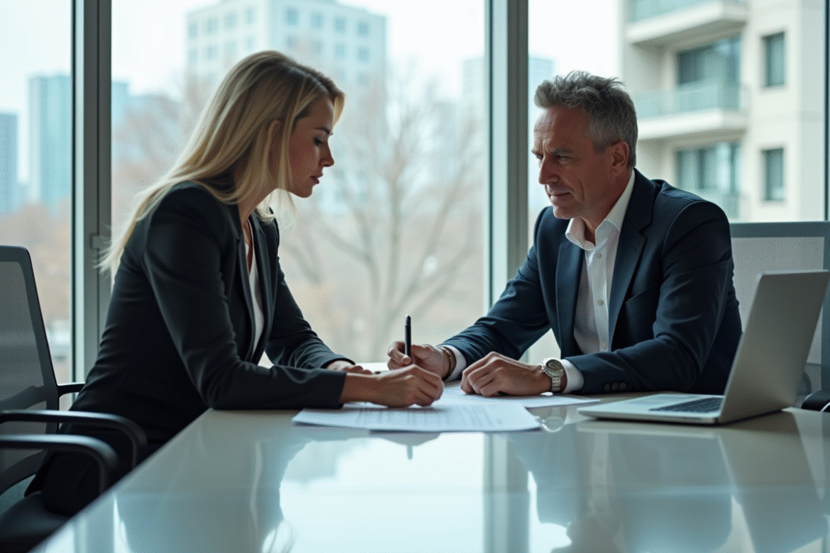 Deux professionnels discutent autour d'une table moderne en bureau