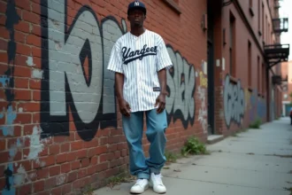 Rappeur américain de la côte Est en tenue urbaine devant un mur de graffitis dans le Bronx, New York