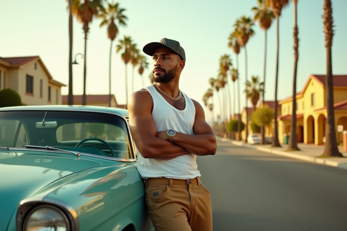Rappeur américain de la côte Ouest appuyé sur un lowrider dans une rue ensoleillée de Compton, Californie