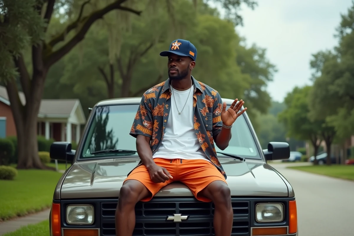 Rappeur américain du Sud assis sur un pickup devant une maison de banlieue à Houston, Texas