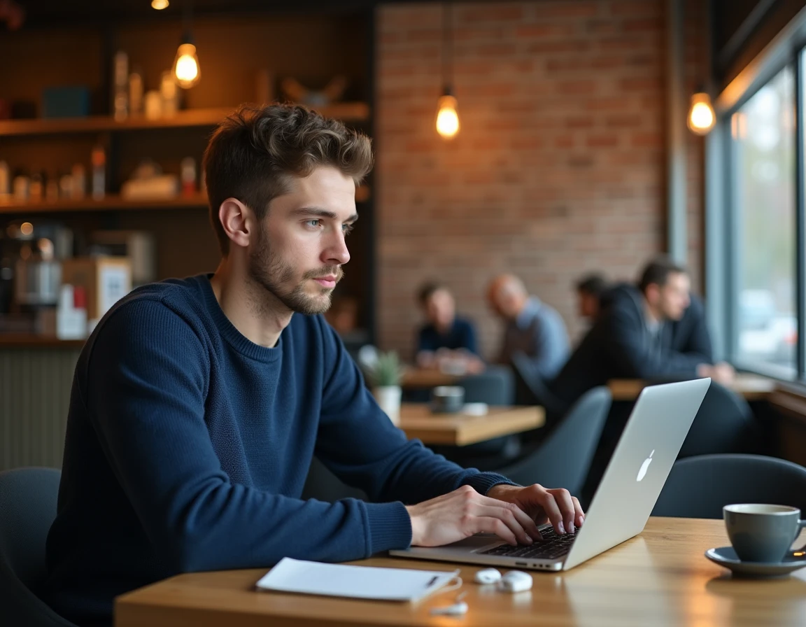 Homme consultant un site de scan manga sur son ordinateur dans un café urbain