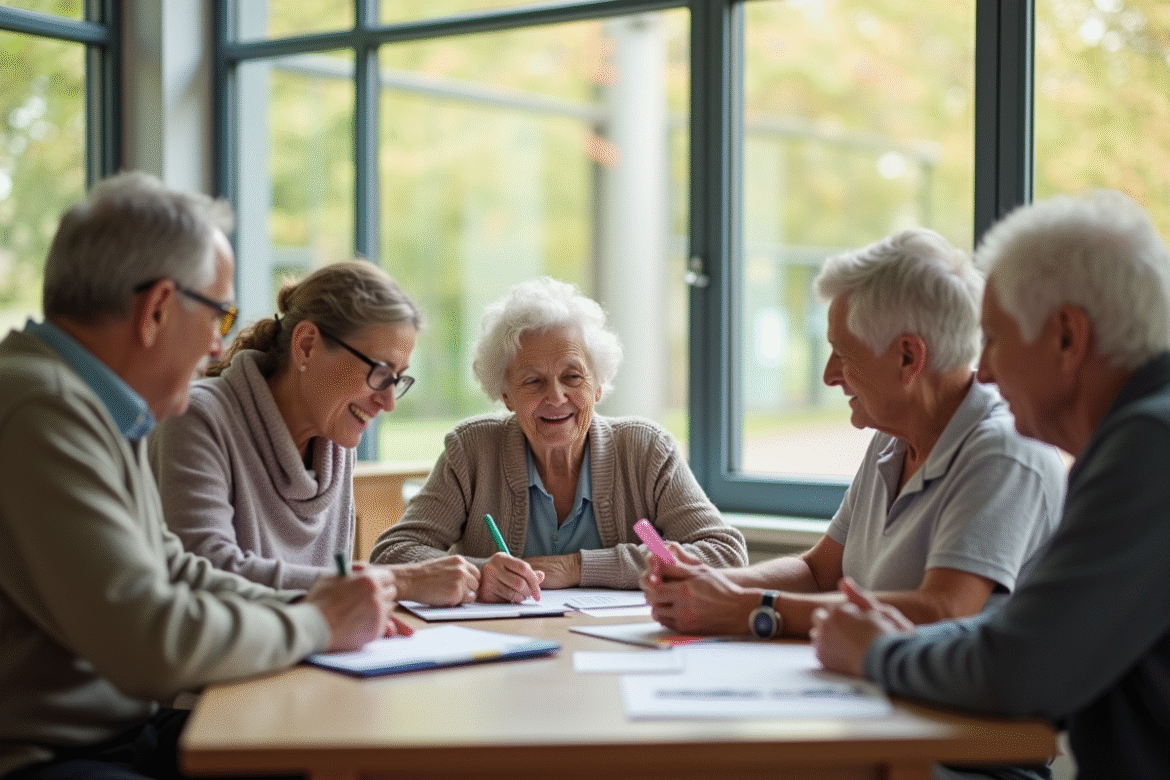 Espace commun moderne pour seniors avec grande fenetre et residents