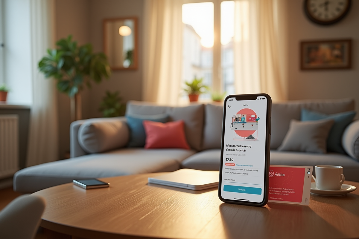 Salon Airbnb cosy avec voucher et smartphone au matin