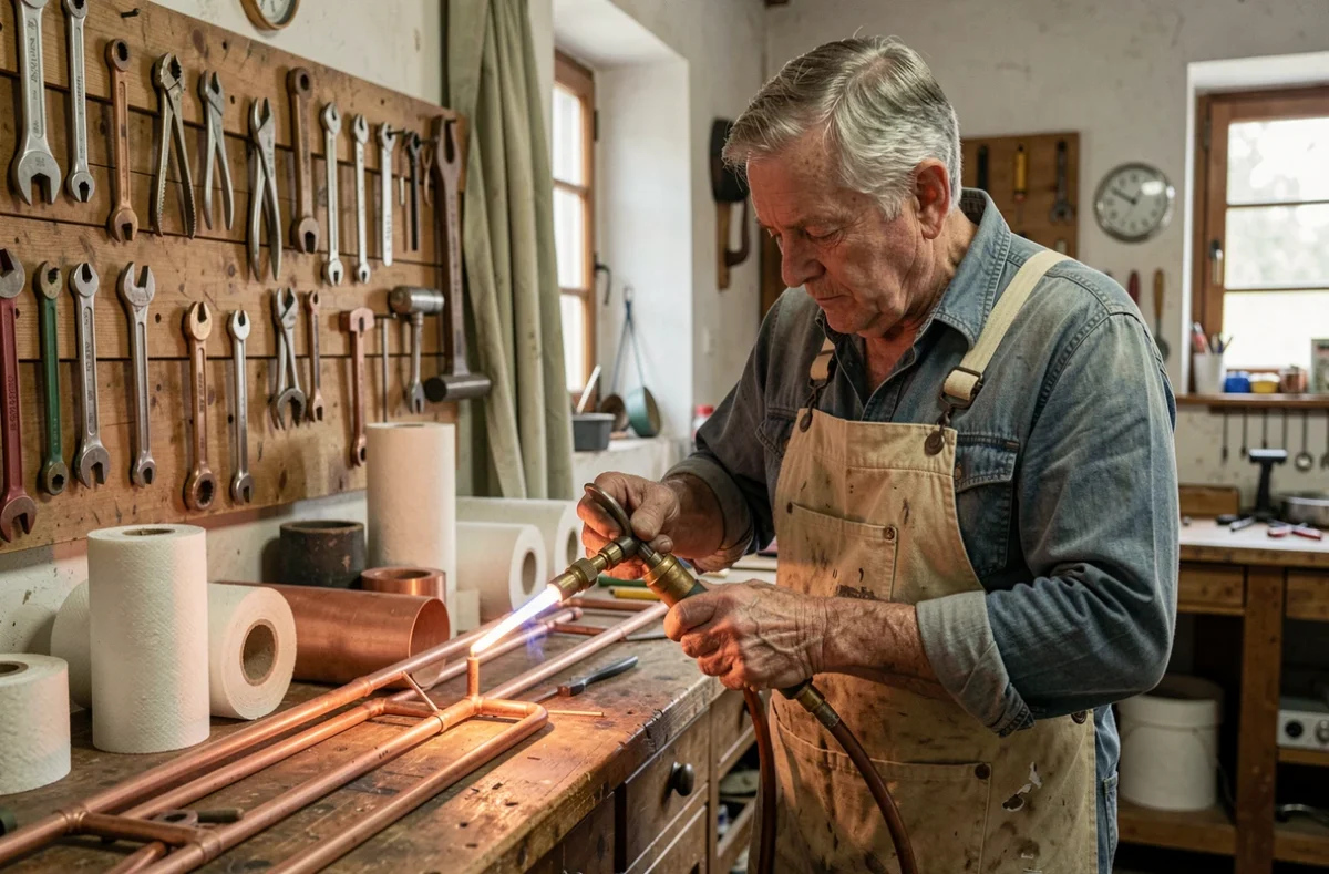 Artisan chevronné de la Sarl Gusching soudant des tuyaux en cuivre dans un atelier traditionnel de plomberie-chauffage