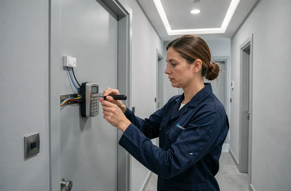 Technicienne Sécuri-Clé installant un verrou électronique haute sécurité sur une porte blindée d'appartement moderne à Montpellier