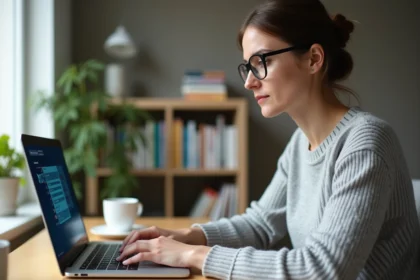 Femme sécurisant son compte sur une plateforme financière depuis son bureau à domicile