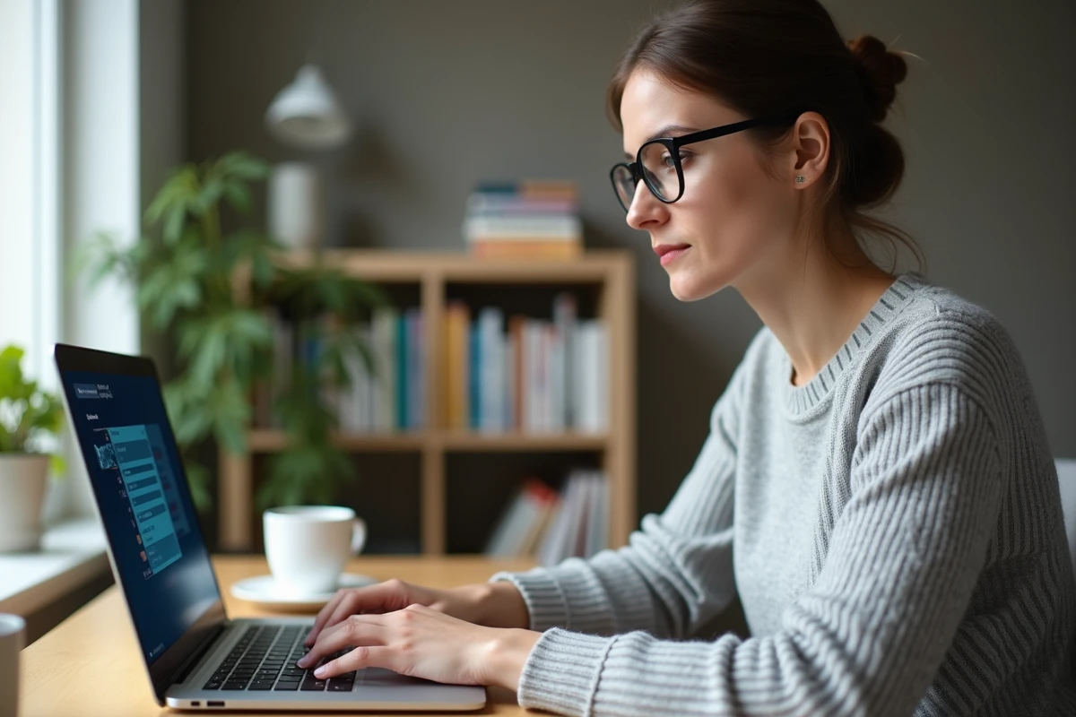 Femme sécurisant son compte sur une plateforme financière depuis son bureau à domicile