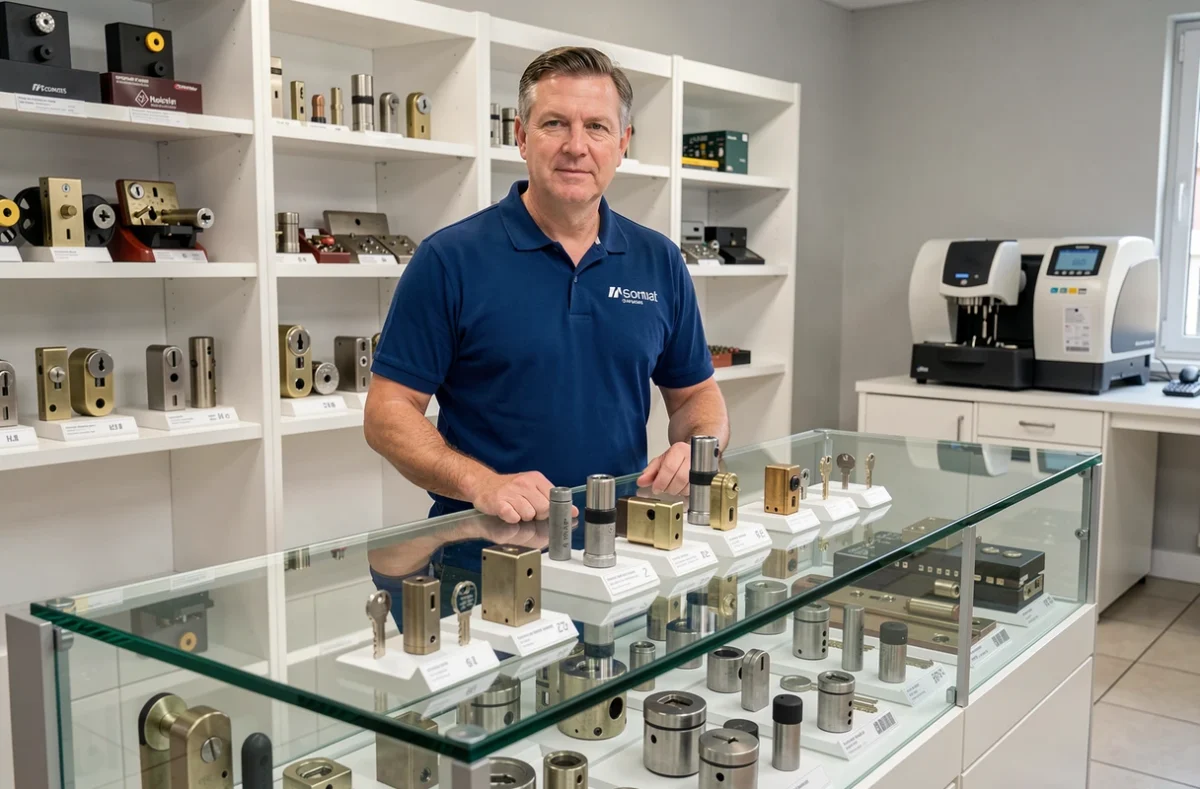 Serrurerie De France, intérieur d'une boutique de serrurerie avec cylindres haute sécurité et machine à copier les clés