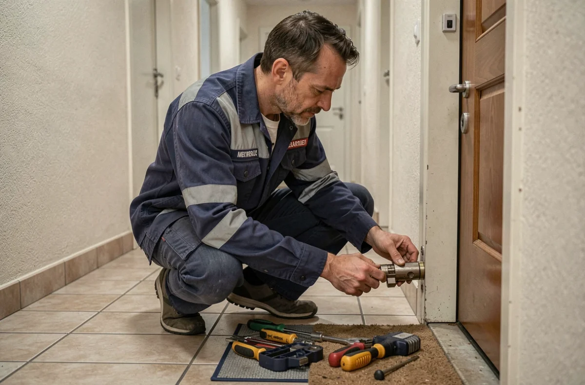 Serrurier H24 intervenant sur une porte d'appartement, travaillant sur un cylindre avec des outils professionnels