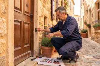 Serrurier professionnel intervenant sur une porte en bois dans une rue typique de l'Hérault