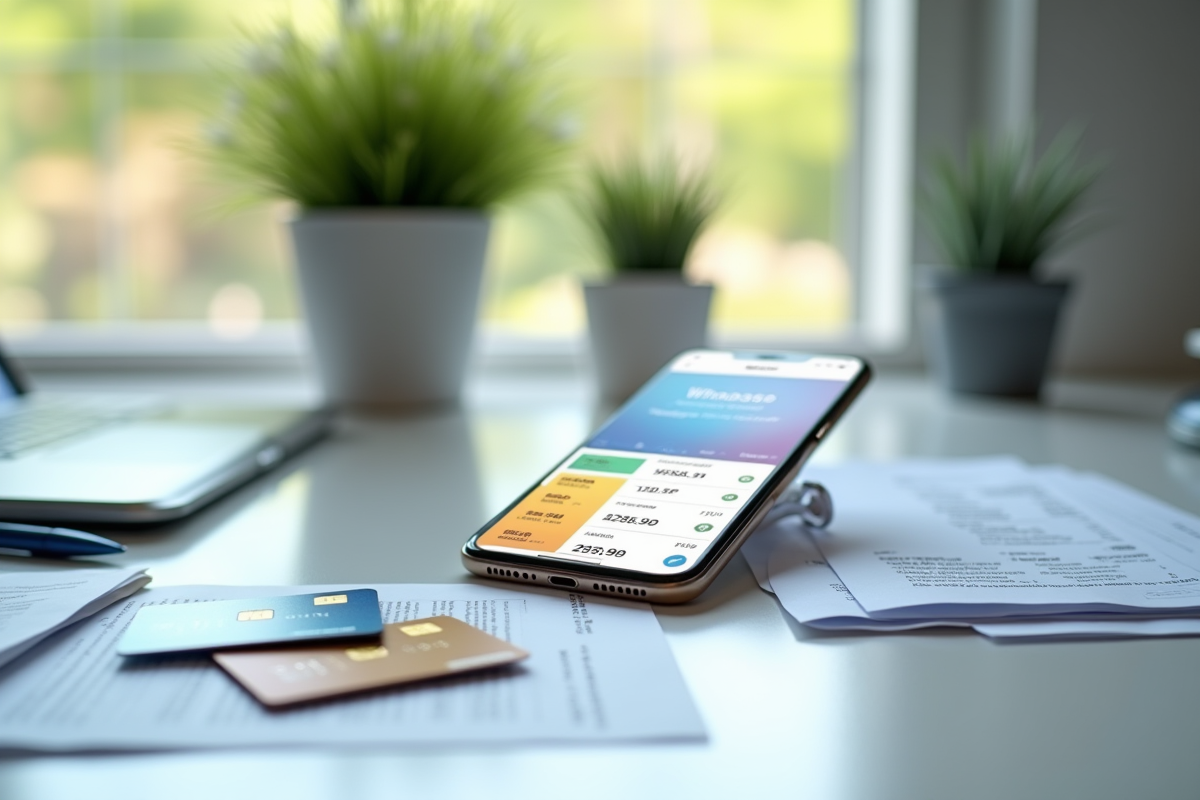 Smartphone avec application de budget sur un bureau lumineux