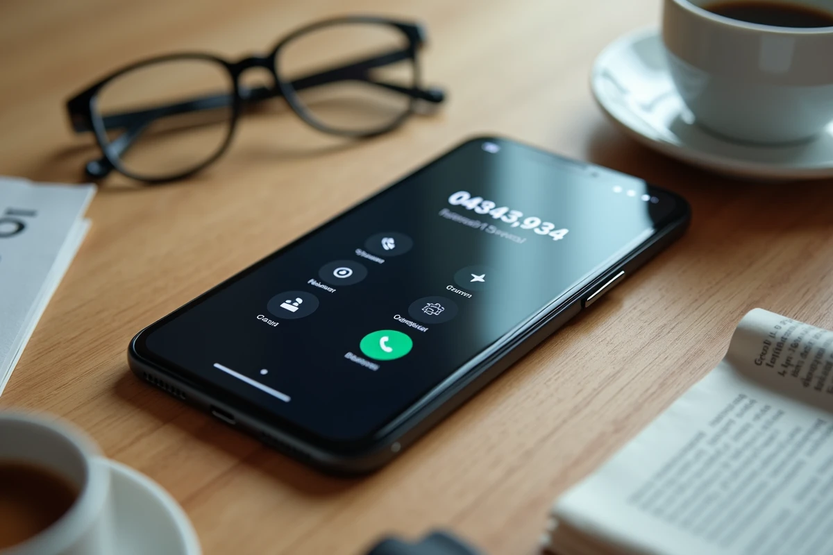 Gros plan sur un smartphone affichant le numéro 0483439934 posé sur une table en bois avec des objets du quotidien autour