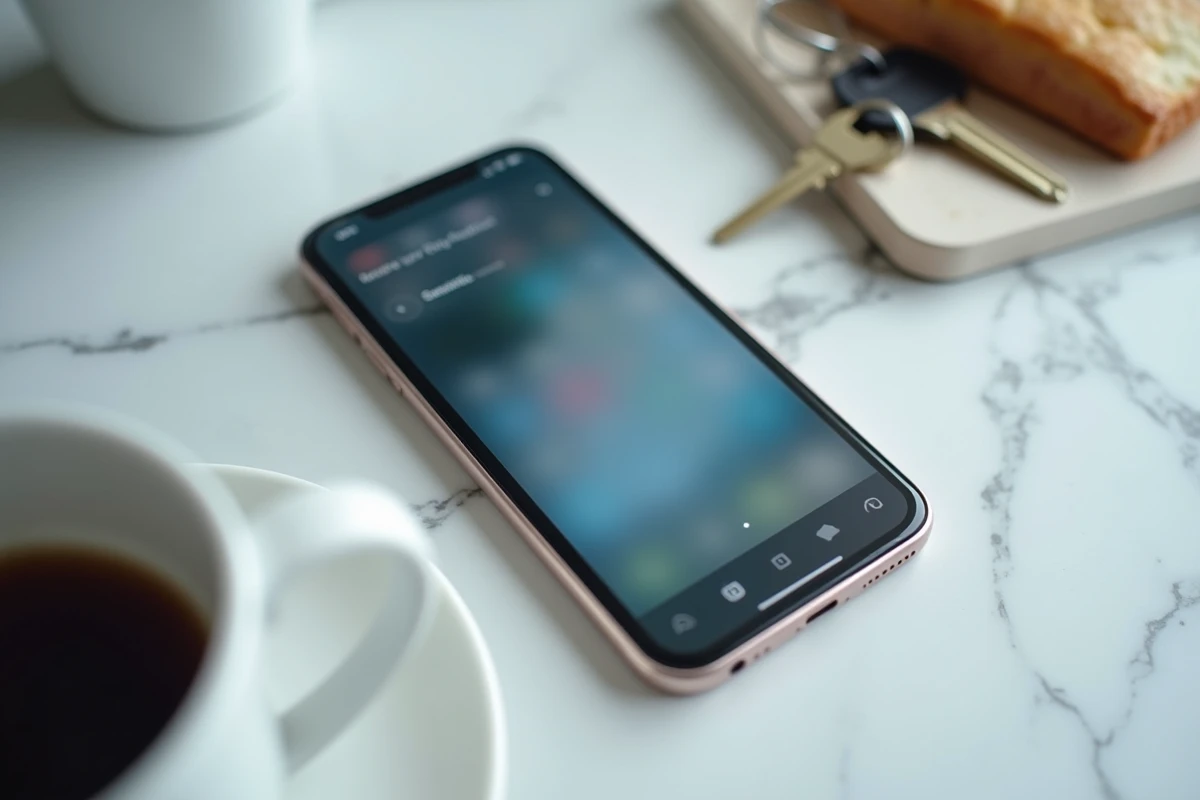 Smartphone posé sur un comptoir en marbre affichant une interface de story floue, symbolisant la tentation de stalker anonymement une story Snapchat
