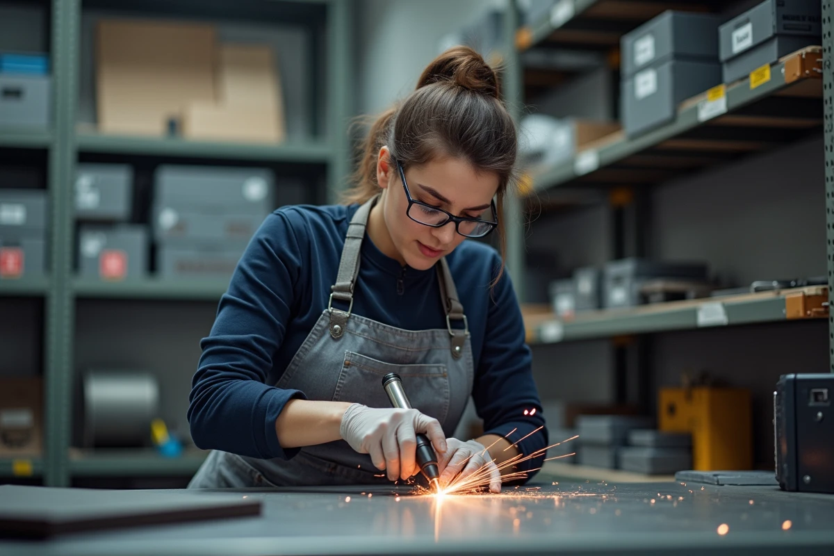 Soudeuse professionnelle utilisant une machine de soudage laser à fibre sur un plan de travail en acier inoxydable dans un atelier de fabrication