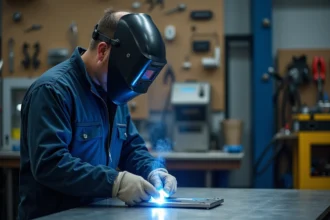 Technicien utilisant un poste de soudure laser dans un atelier personnel équipé, examinant un cordon de soudure sur une pièce en aluminium