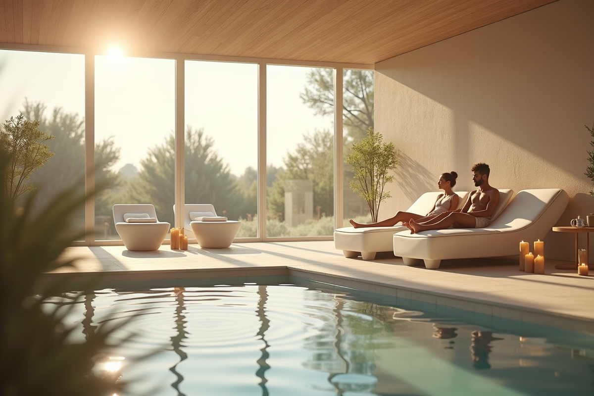 Ambiance spa intérieure apaisante avec couple relaxant en France