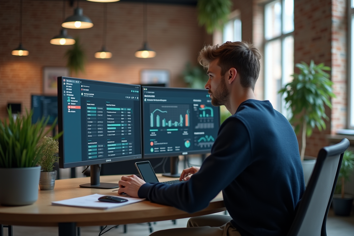 Jeune spécialiste informatique analysant des tableaux ERP