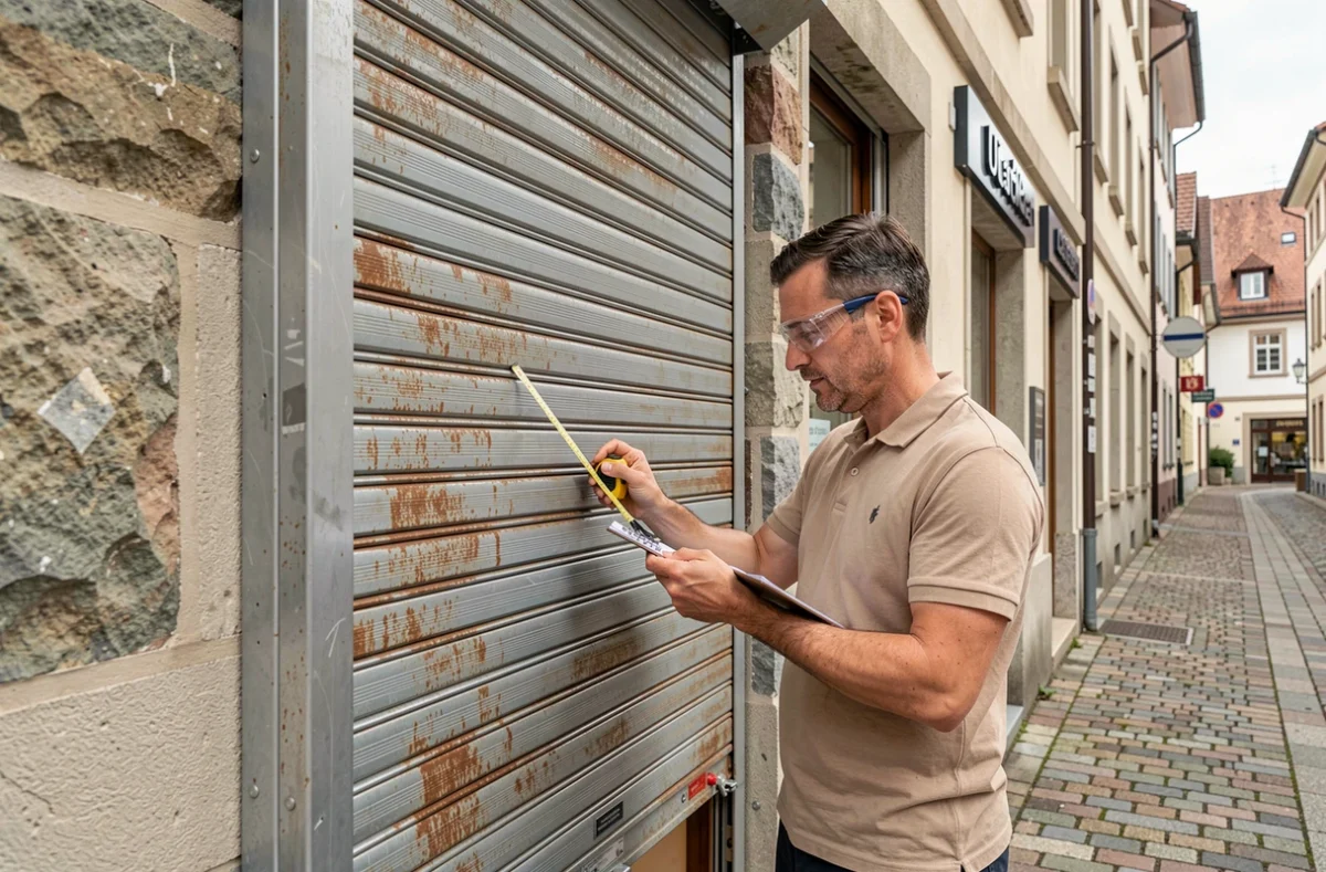 Sun'go Stores, technicien mesurant un volet roulant sur devanture commerciale dans une rue alsacienne