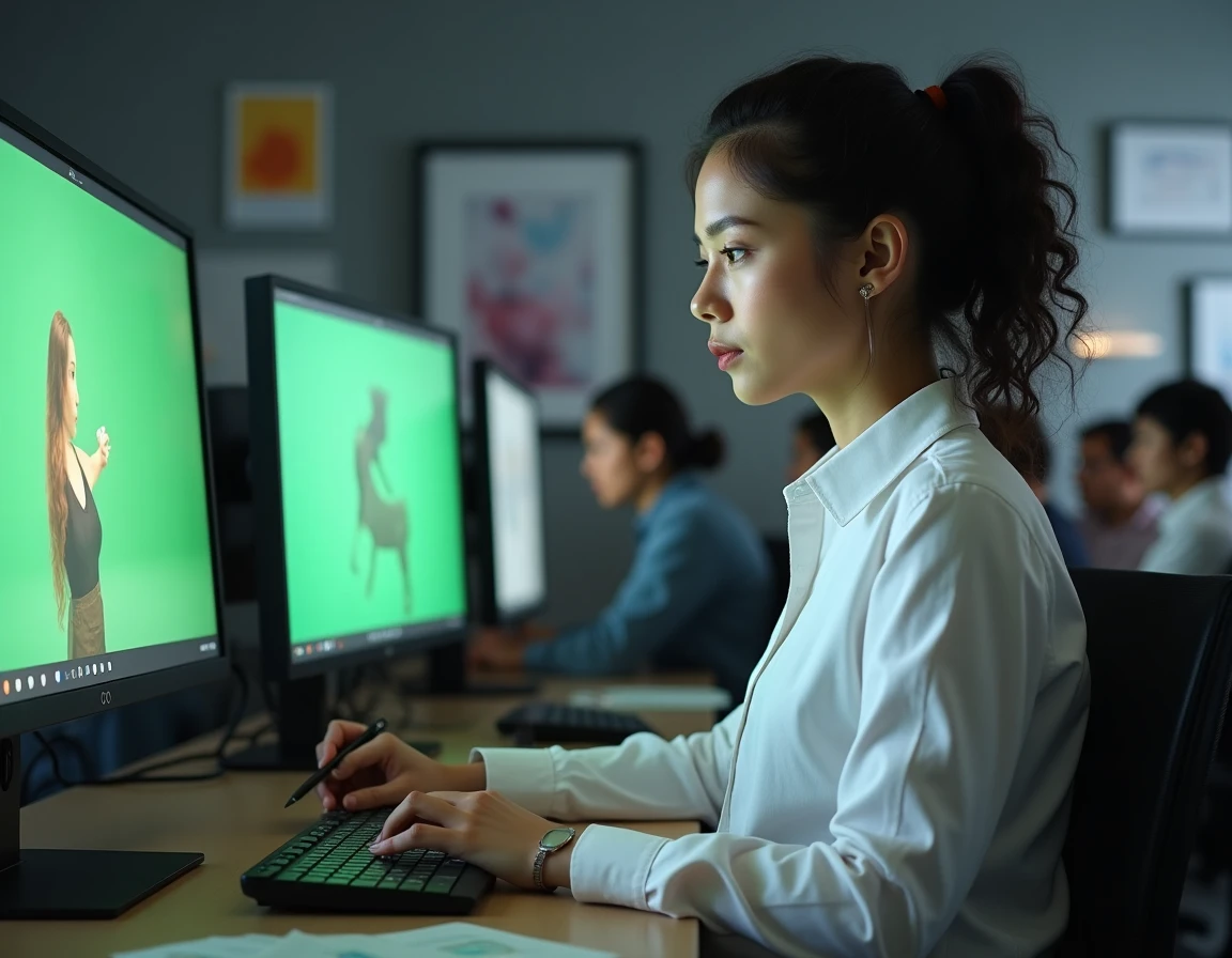 Superviseure d'effets visuels comparant des images brutes et des compositions CGI sur plusieurs écrans en studio de post-production
