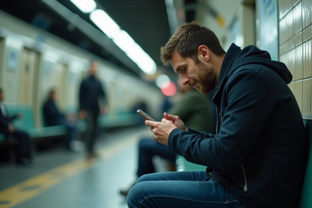 Homme consultant discrètement son téléphone dans le métro, évoquant la surveillance anonyme de stories Snapchat dans un lieu public