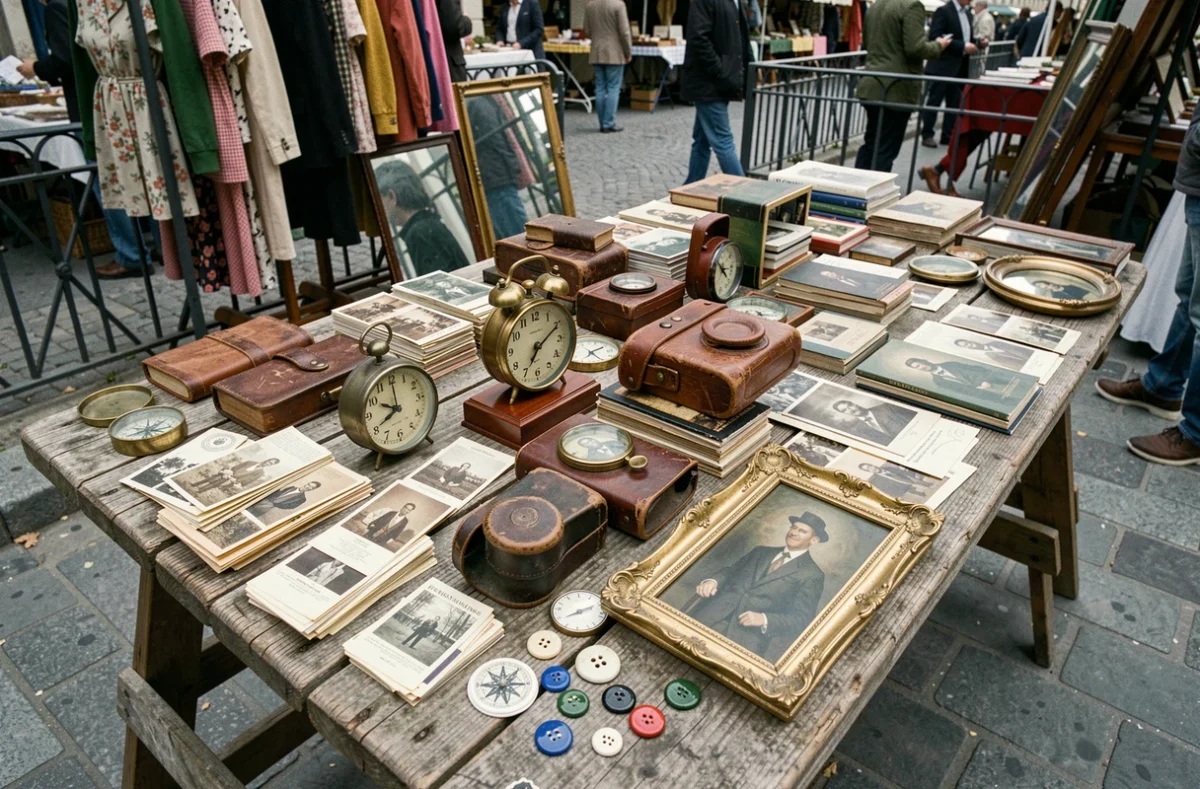 Table de brocanteur couverte d'objets vintage authentiques aux puces de Vanves Paris