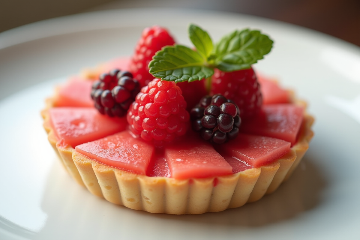 Tarte au melon et wolfberry avec menthe en gros plan