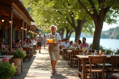 Terrasse animée d'une guinguette au bord de l'eau avec des tables en bois et une serveuse portant un plateau de boissons colorées