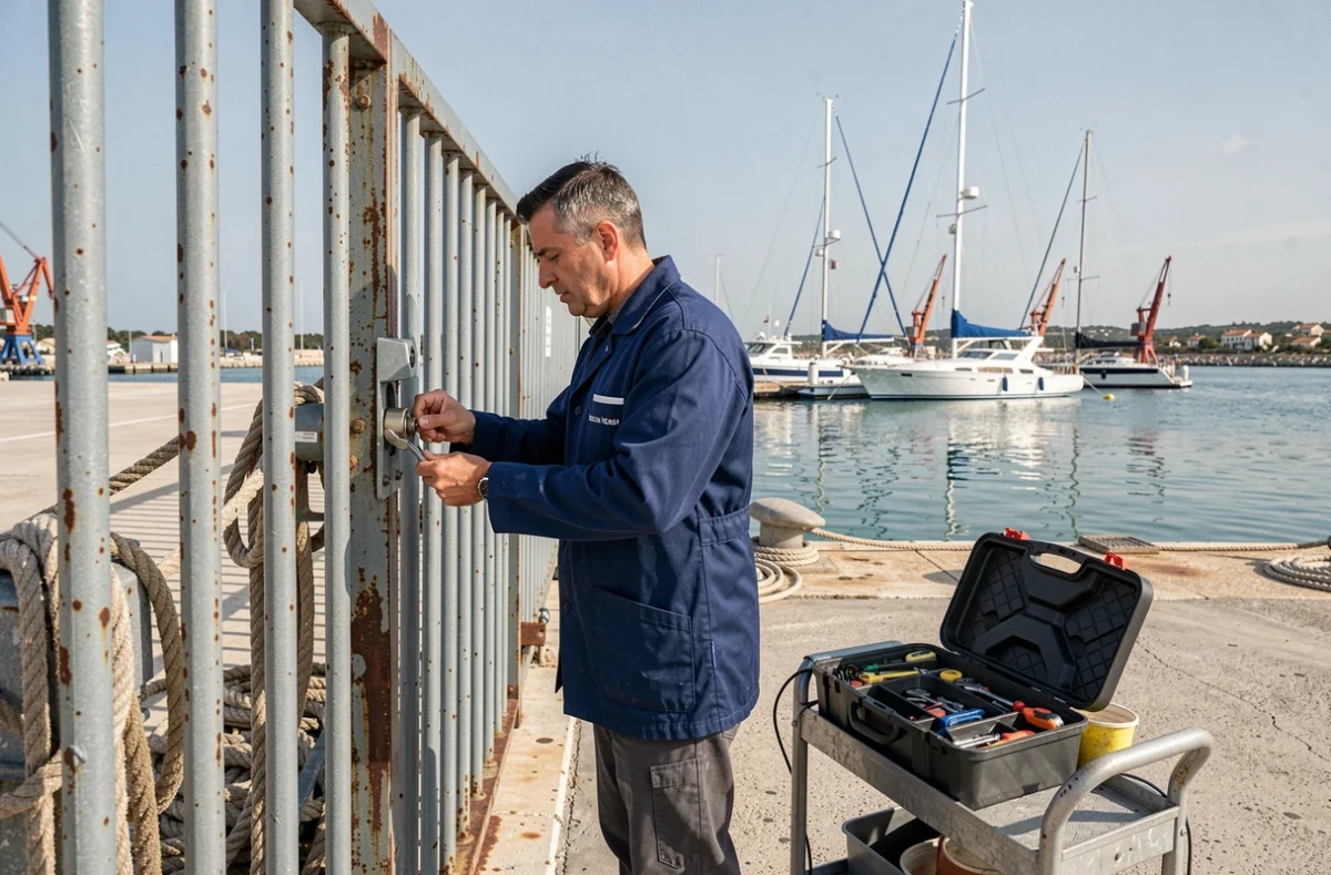 Serrurier de Thau Serrurerie intervenant sur la serrure d'une grille de port de plaisance à Sète avec le bassin de Thau en arrière-plan