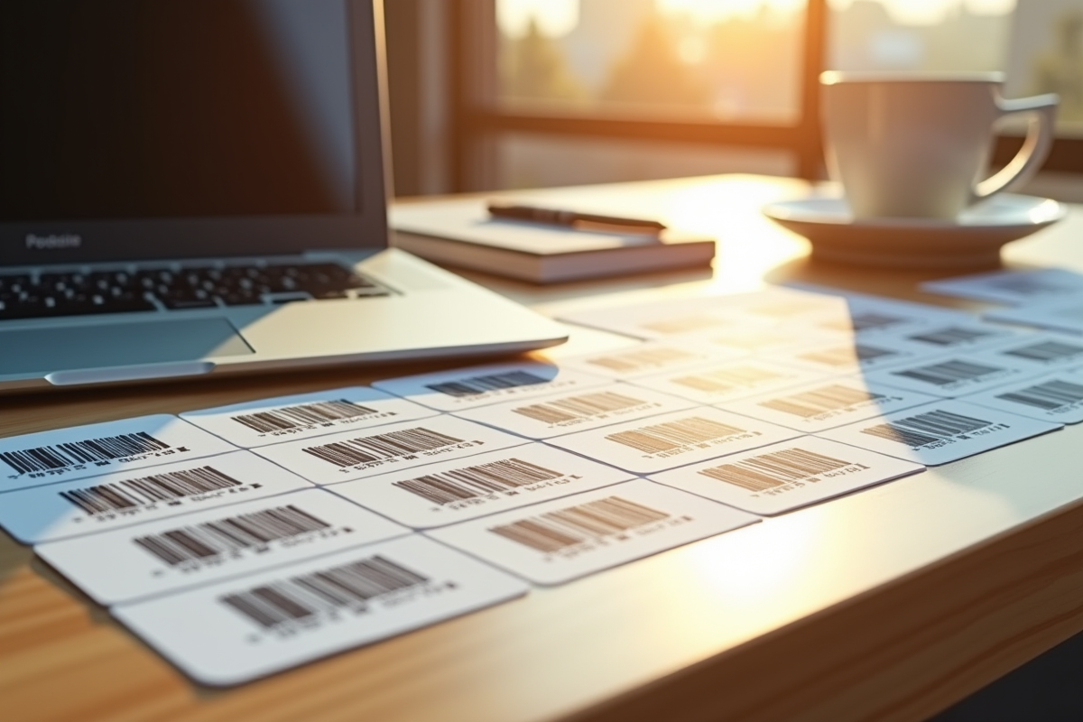 Étiquettes avec codes barres sur un bureau en bois