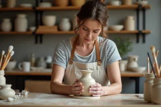 Femme adulte sans talent artistique particulier qui façonne de l'argile à la main dans un atelier artisanal fait maison, illustrant que les travaux manuels sont accessibles à tous