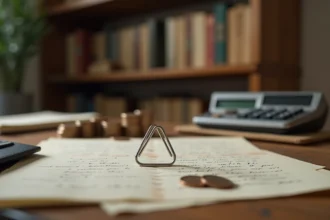 Un trombone argenté posé sur un bureau en bois usé entouré de notes et de pièces de monnaie, illustrant le point de départ du jeu Paper Clip