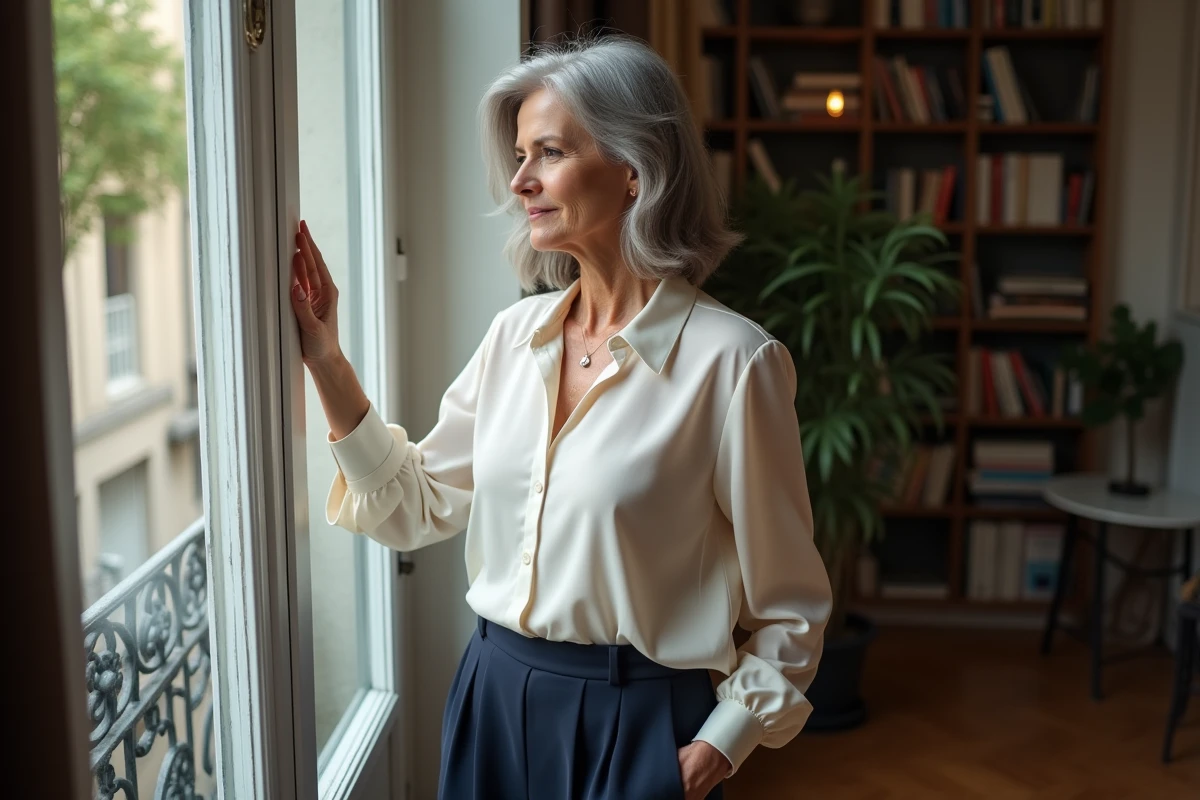 Femme mature en blouse de soie blanche debout près d'une fenêtre d'appartement parisien, posture introspective illustrant la solitude choisie et la vie privée