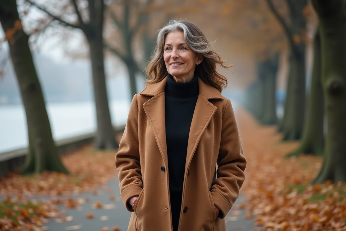 Femme en manteau camel marchant seule sur les quais de la Seine en automne, feuilles dorées au sol, évoquant la réflexion sur l'amour et la vie personnelle