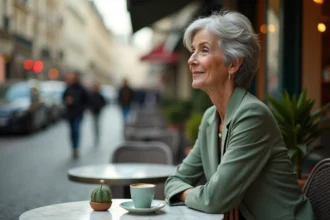 Femme élégante aux cheveux argentés attablée seule à une terrasse de café parisien, regard pensif et sourire discret évoquant la sérénité et la vie amoureuse