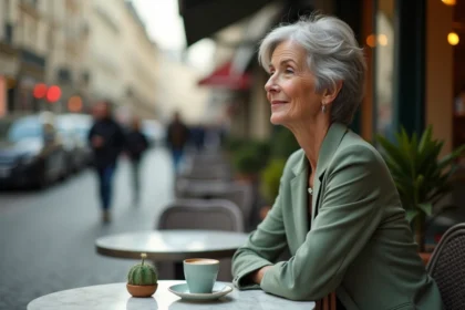 Femme élégante aux cheveux argentés attablée seule à une terrasse de café parisien, regard pensif et sourire discret évoquant la sérénité et la vie amoureuse