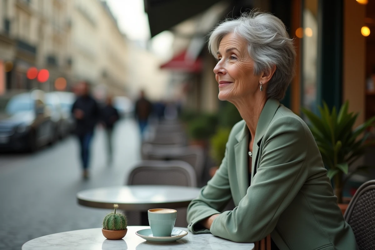 Femme élégante aux cheveux argentés attablée seule à une terrasse de café parisien, regard pensif et sourire discret évoquant la sérénité et la vie amoureuse
