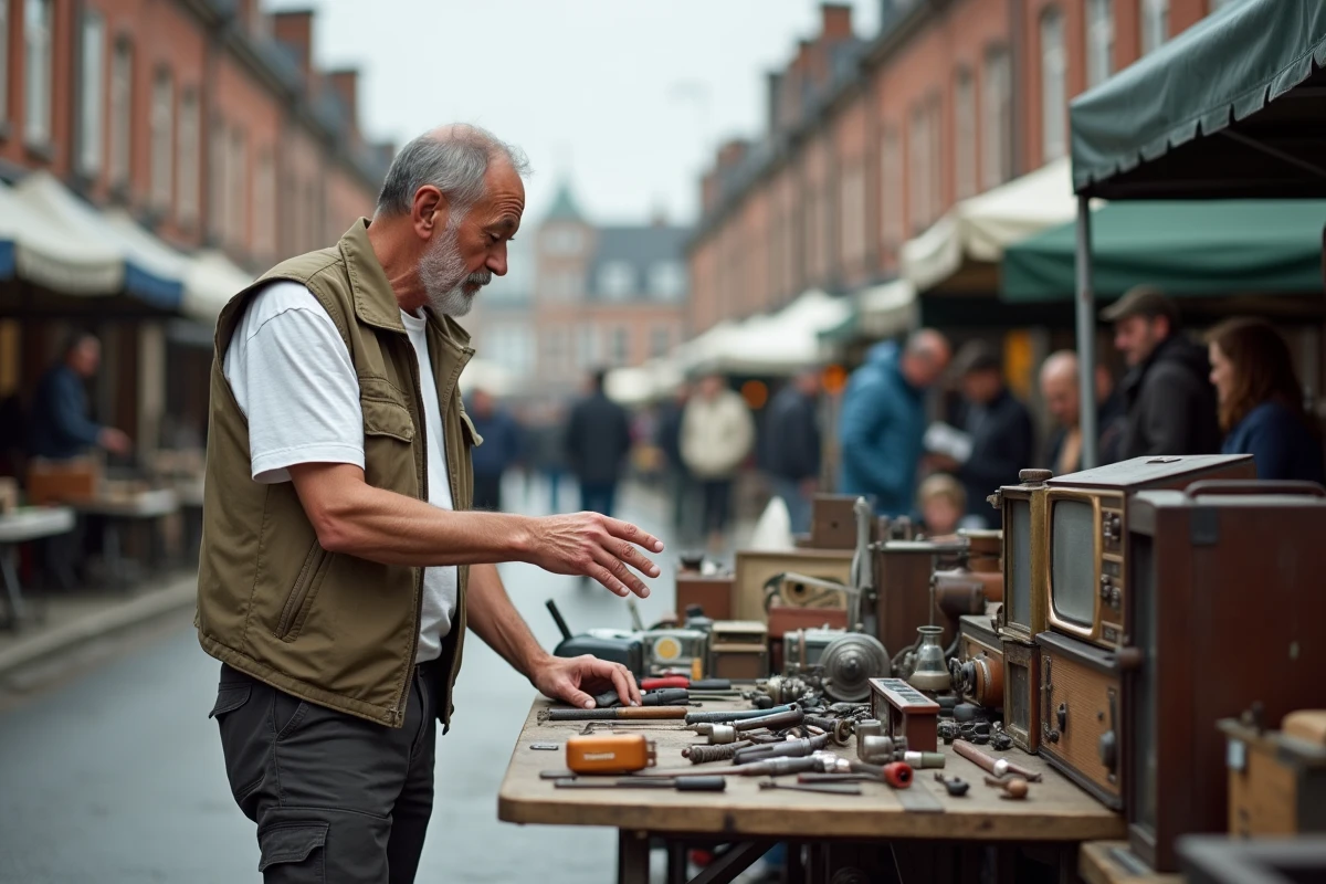 Vendeur de braderie dans le Nord conseillant un voisin exposant entre les stands