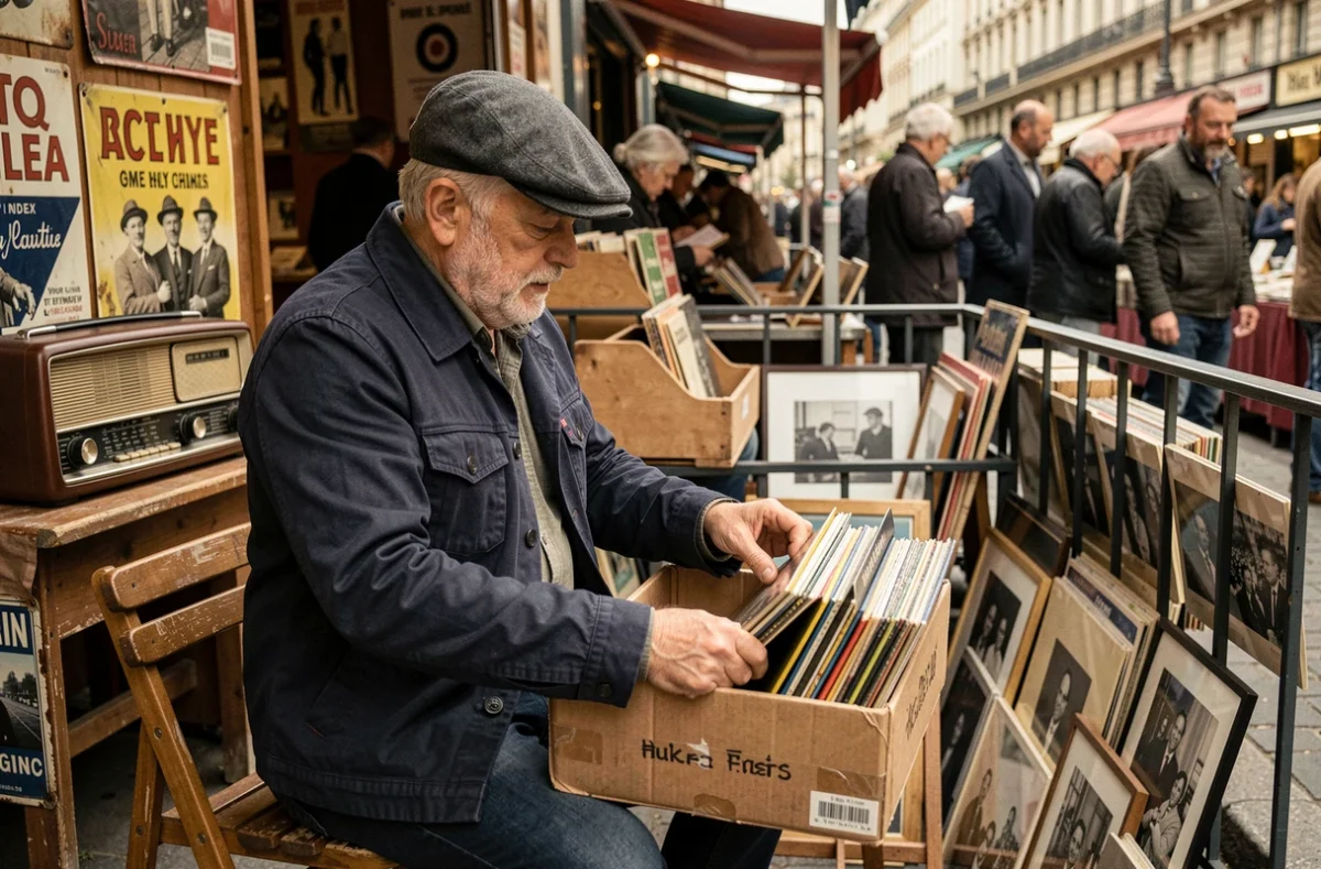 Vendeur de vinyles vintage assis derrière son stand au marché aux puces Porte de Vanves