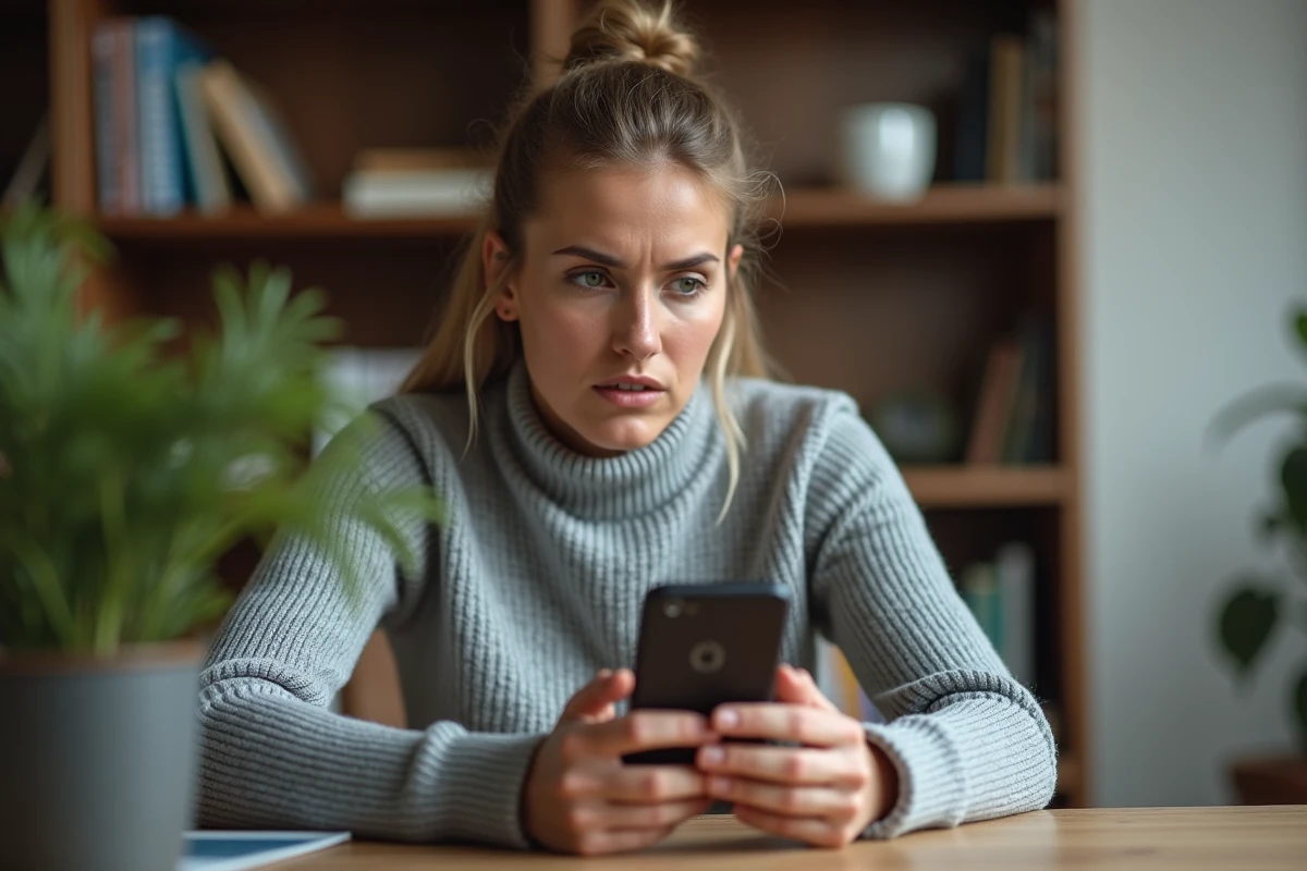 Femme vérifiant un numéro surtaxé 0270 sur son smartphone dans un bureau à domicile