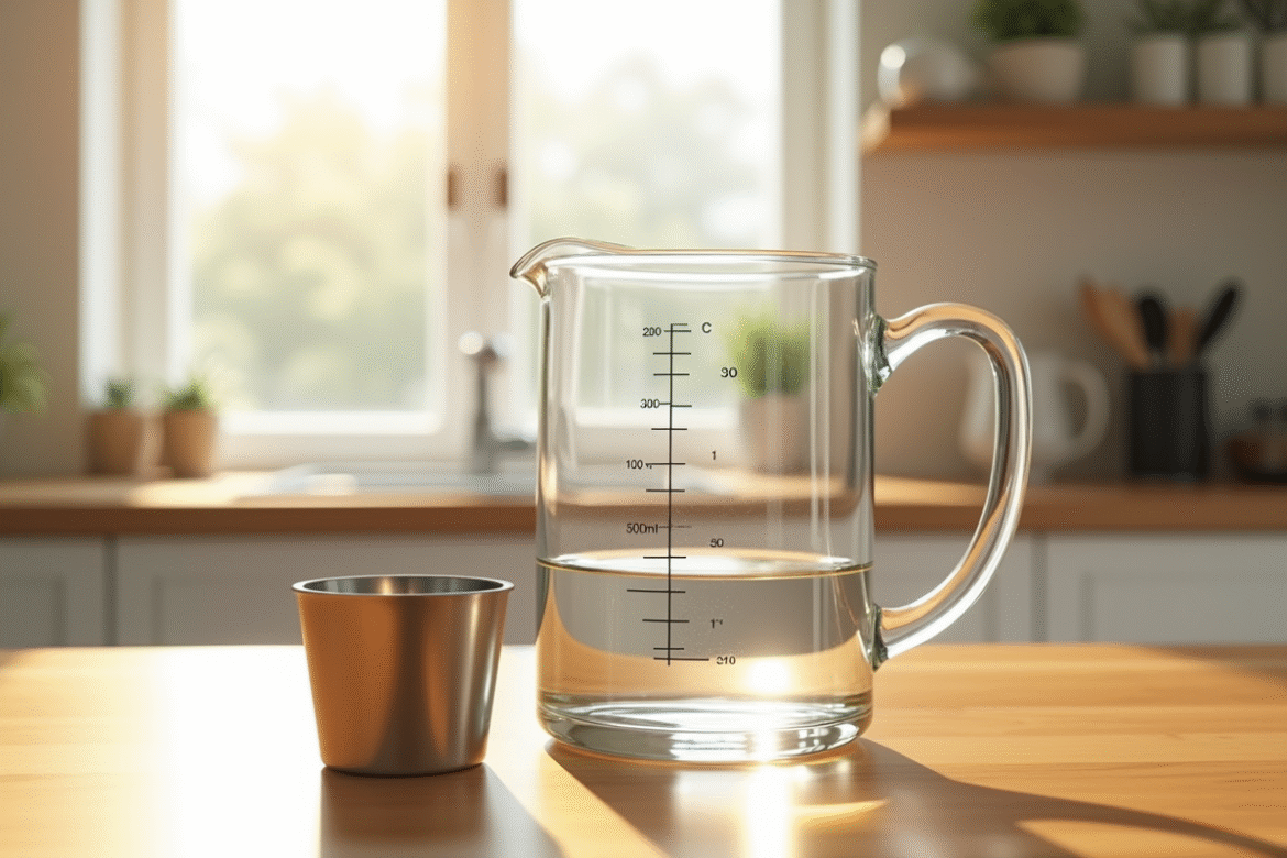Verre mesureur rempli à 30 cl sur plan de cuisine lumineux