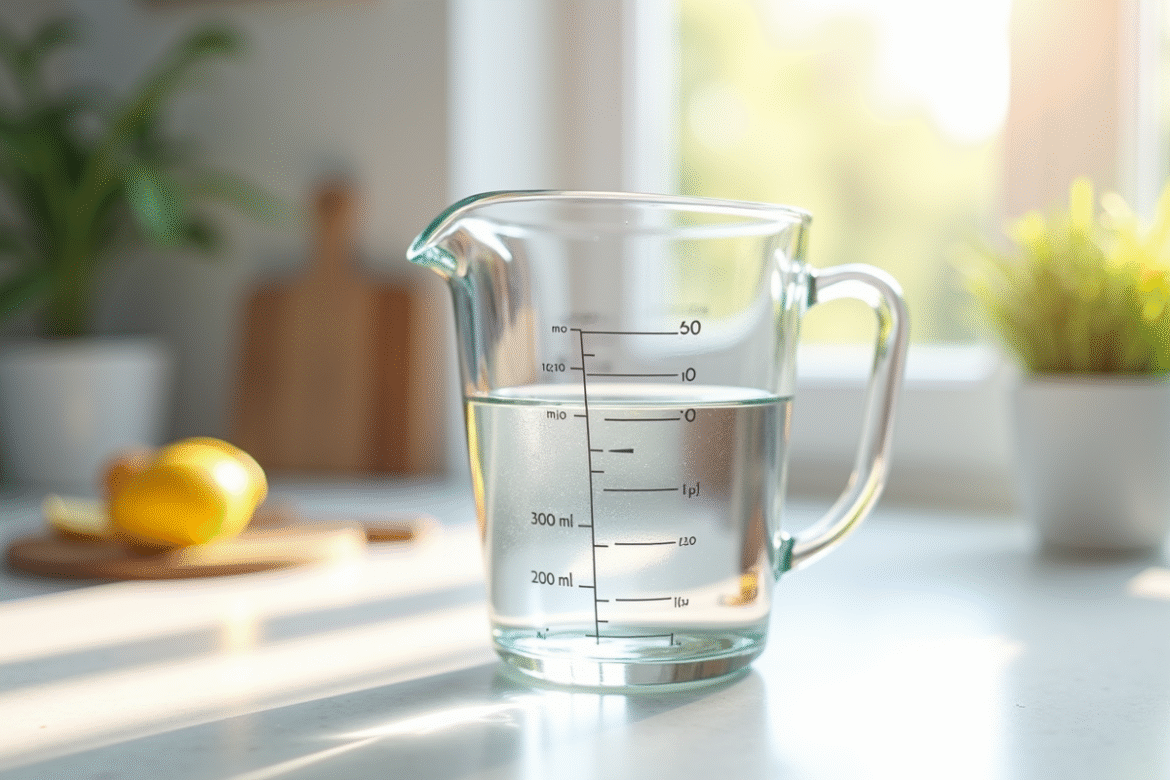 Verre mesureur rempli à 800 ml sur plan de cuisine lumineux