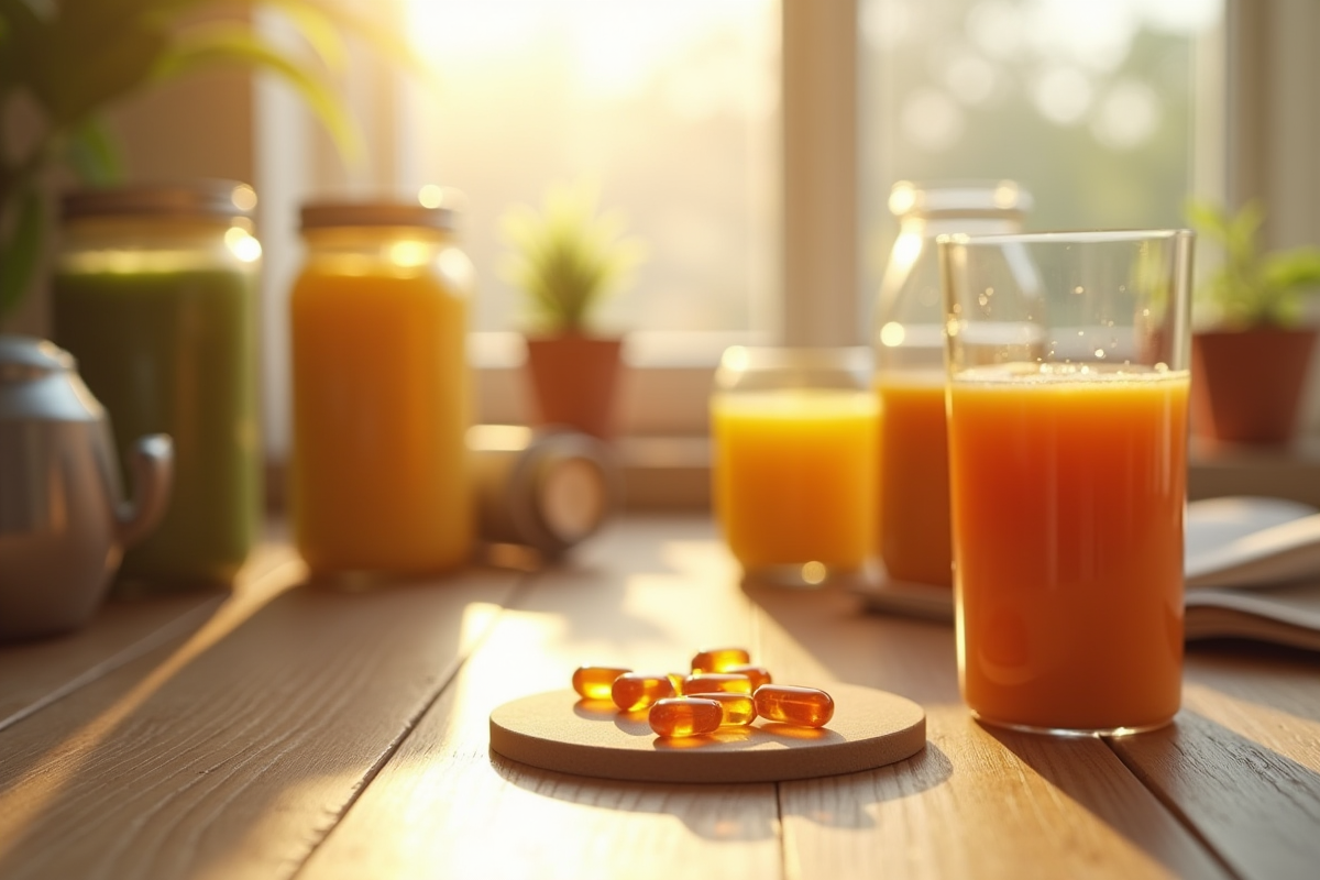 Gros plan sur comprimés de vitamine B12 avec smoothies et accessoires