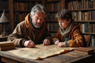Homme d'âge moyen et adolescent lisant des cartes dans une ambiance chaleureuse