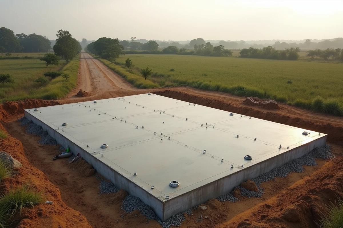 Vue aérienne d'un radier Franchassis en béton achevé sur un terrain rural prêt pour la construction